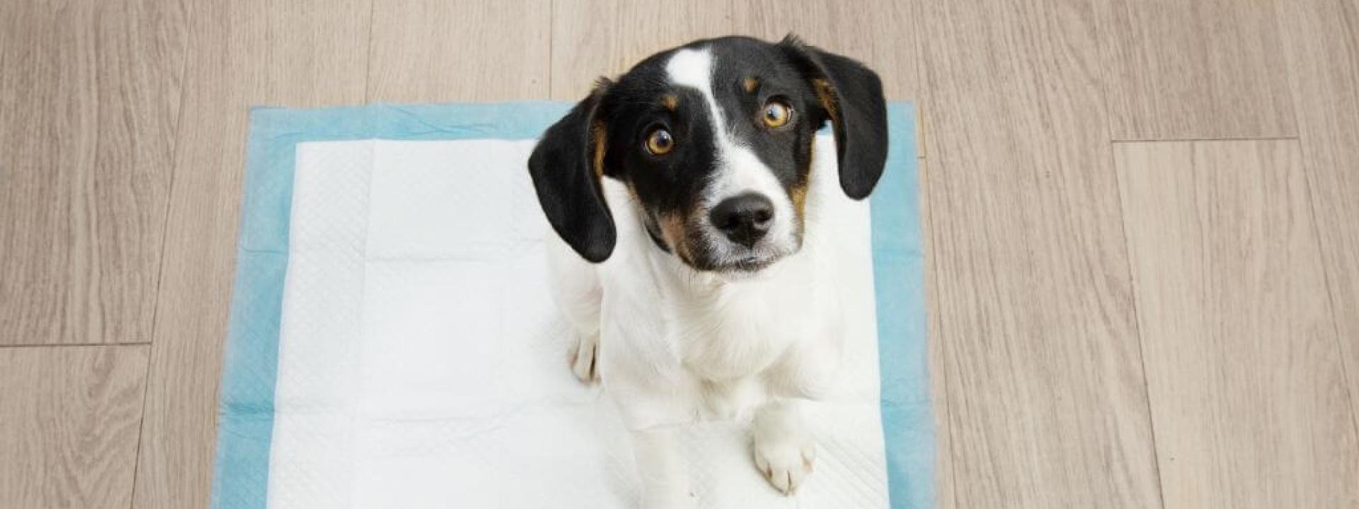 Small puppy sitting on a pee pad during puppy potty training